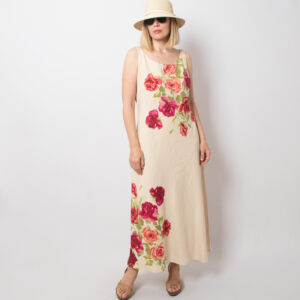Vintage Laura Ashley Silk Linen Maxi Dress with Rose Paint