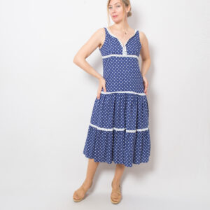 80s Navy Polka Dot Tiered Dress with Eyelet Lace Trim