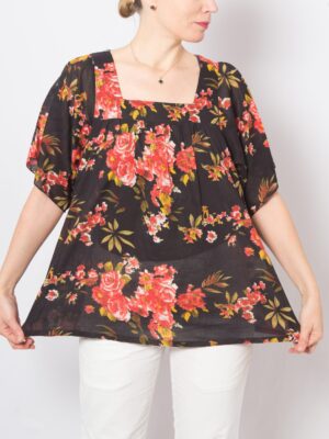 Black Floral Cotton Peasant Blouse