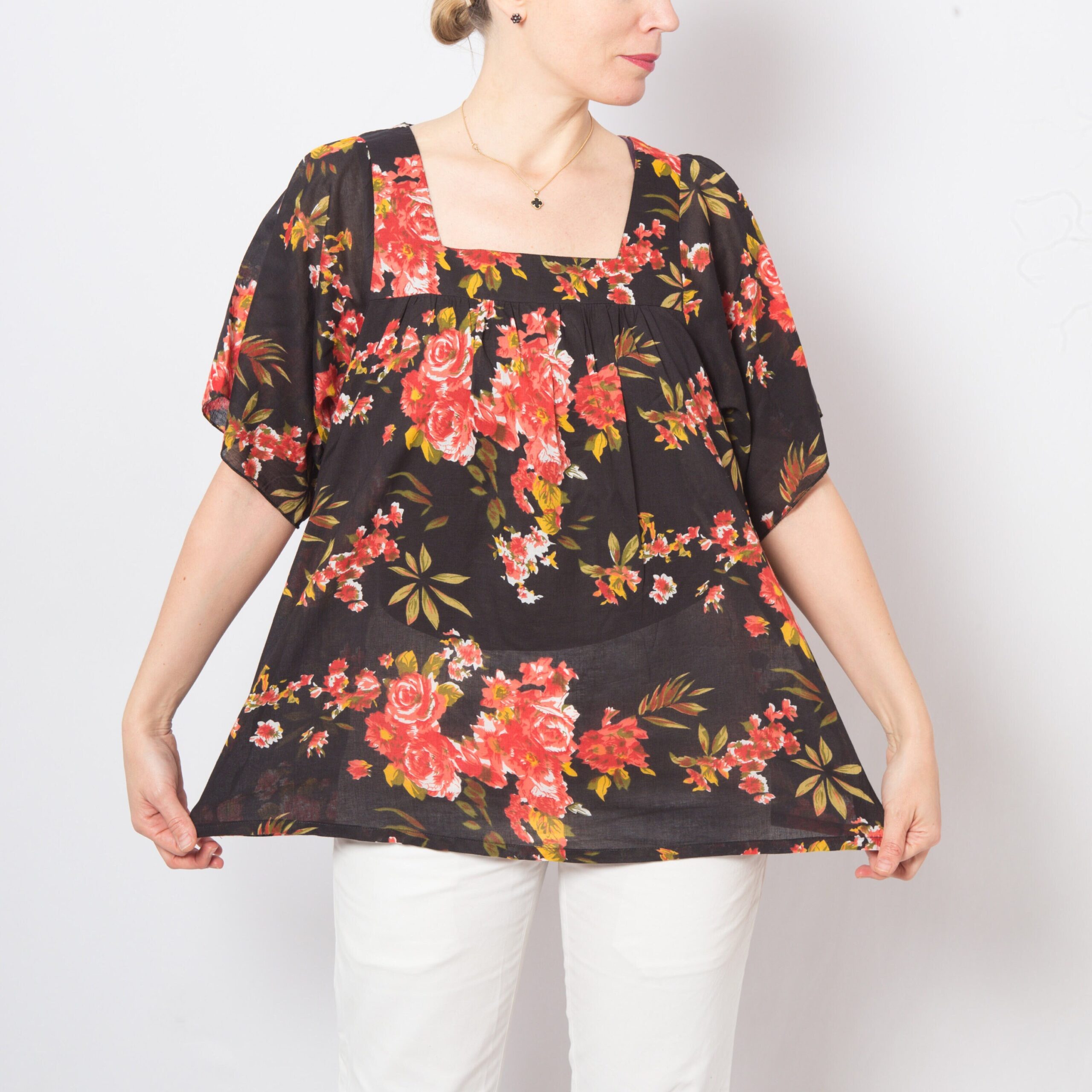 Black Floral Cotton Peasant Blouse Black Floral Cotton Peasant Blouse