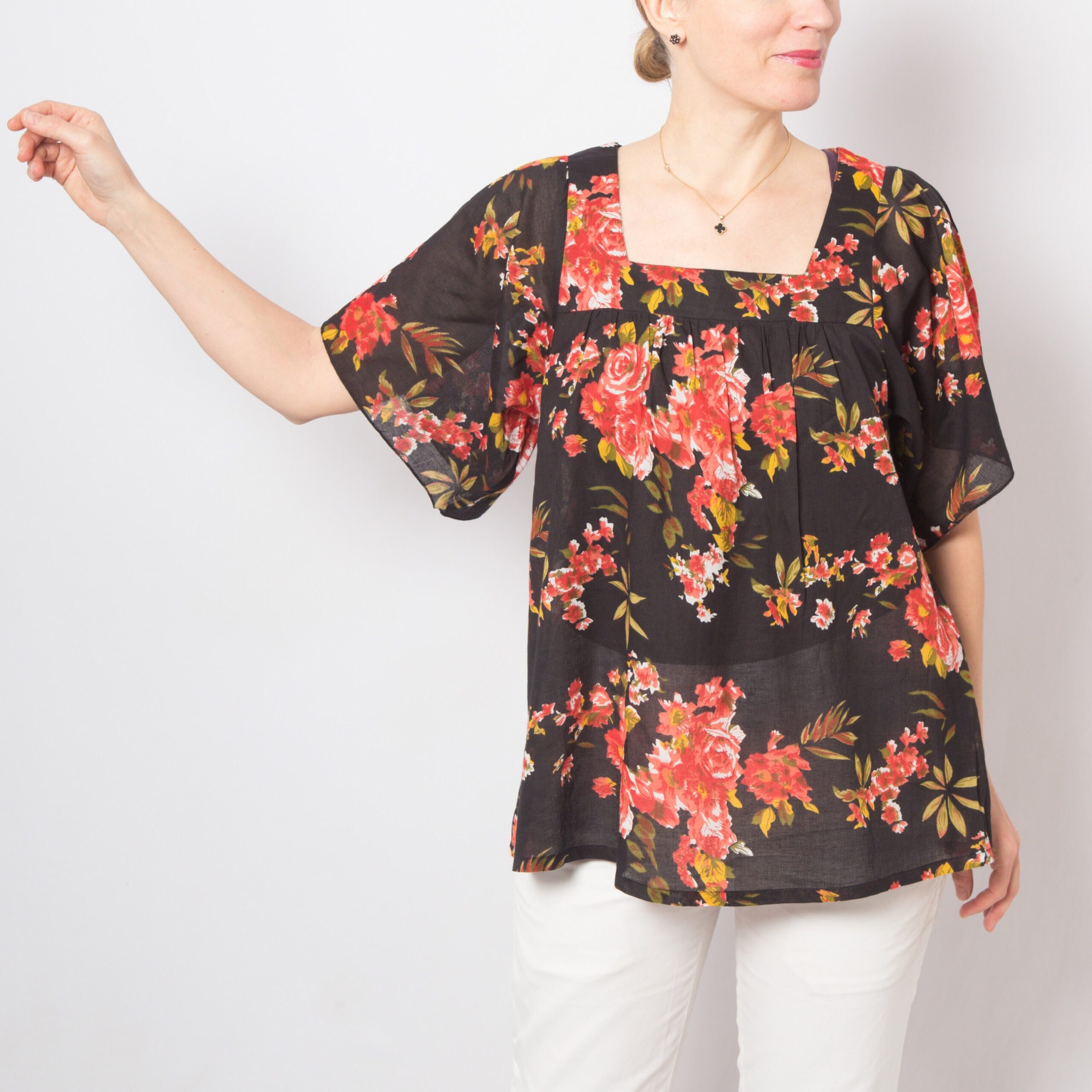 Black Floral Cotton Peasant Blouse Black Floral Cotton Peasant Blouse - Image 2