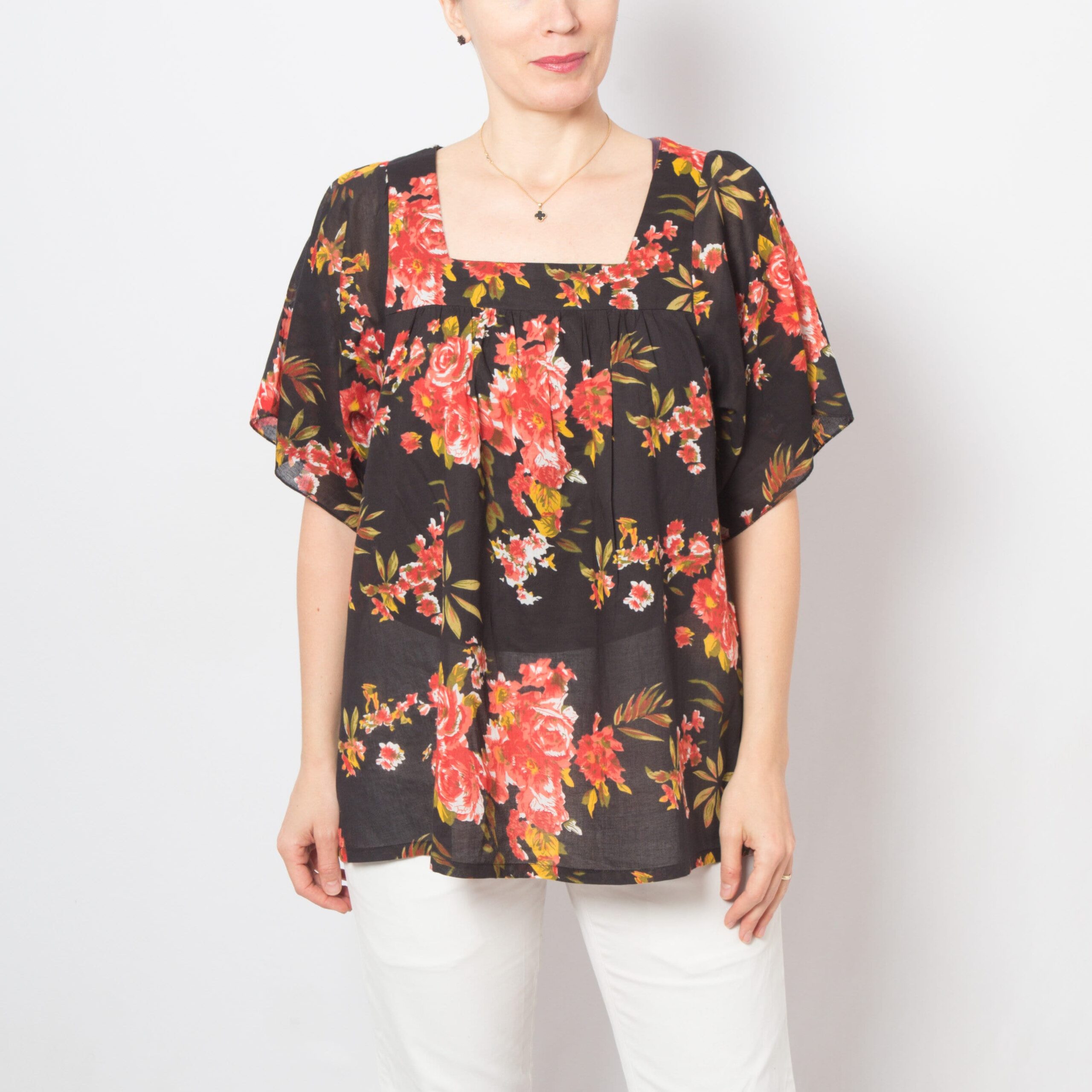 Black Floral Cotton Peasant Blouse Black Floral Cotton Peasant Blouse - Image 3