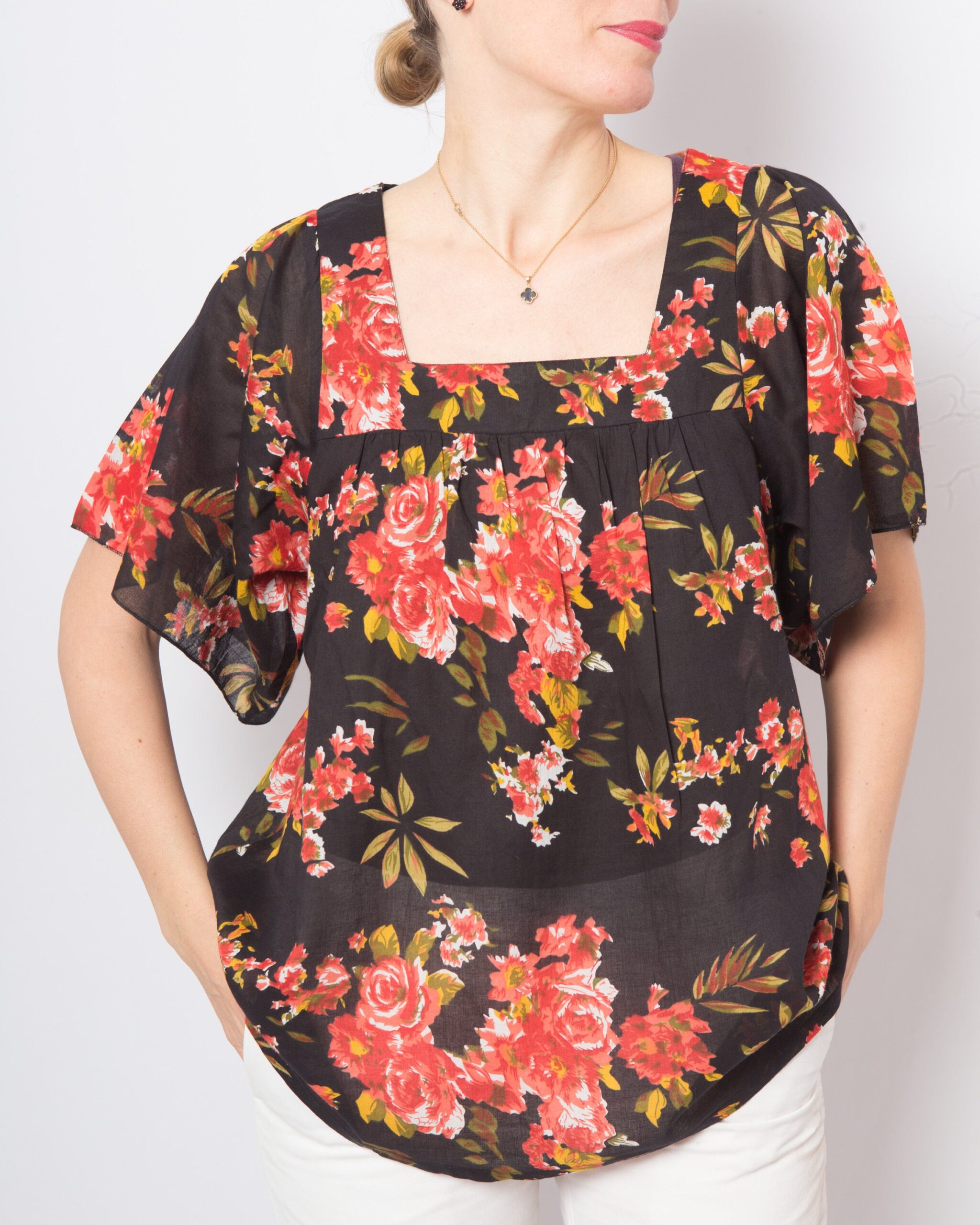 Black Floral Cotton Peasant Blouse Black Floral Cotton Peasant Blouse - Image 7