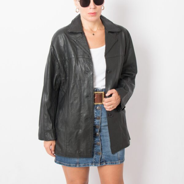 90s Black Leather Blazer Jacket - Image 2