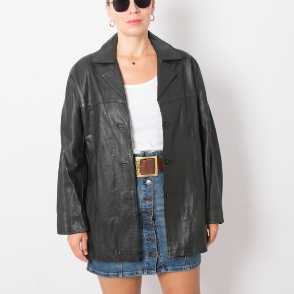 90s Black Leather Blazer Jacket - Image 3