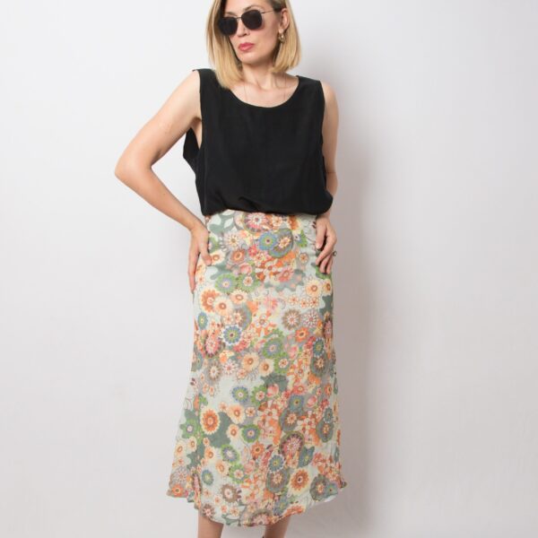 Vintage Floral Midi Silk Skirt