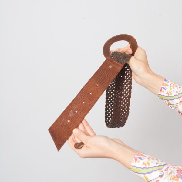 RARE Vintage Braided Leather Belt with Brass Ring Buckle - Image 6