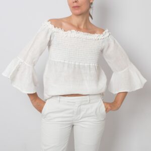 White Linen Bell Sleeve Blouse