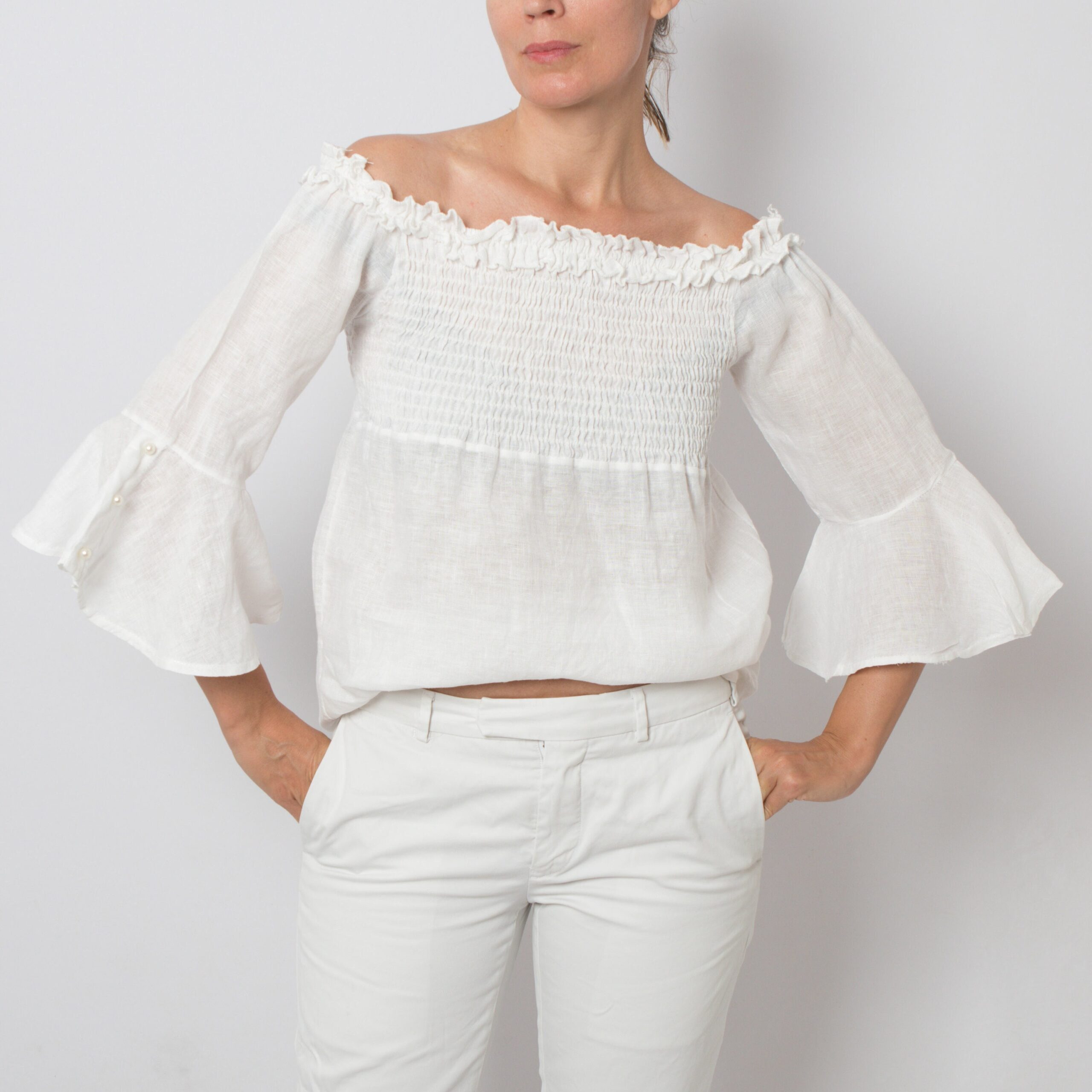 White Linen Bell Sleeve Blouse White Linen Bell Sleeve Blouse
