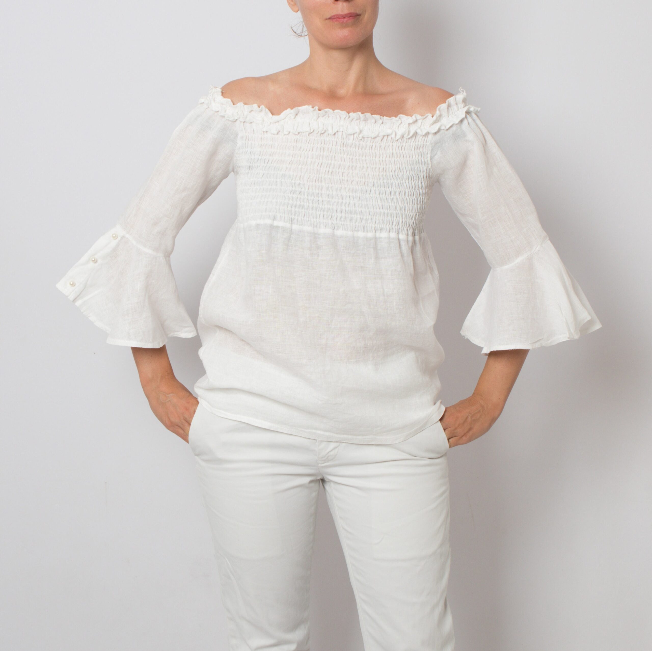 White Linen Bell Sleeve Blouse White Linen Bell Sleeve Blouse - Image 2