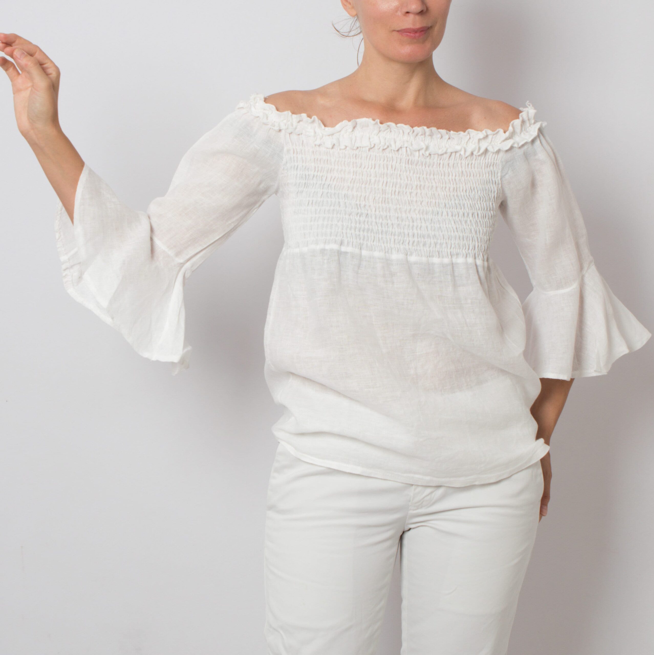 White Linen Bell Sleeve Blouse White Linen Bell Sleeve Blouse - Image 3