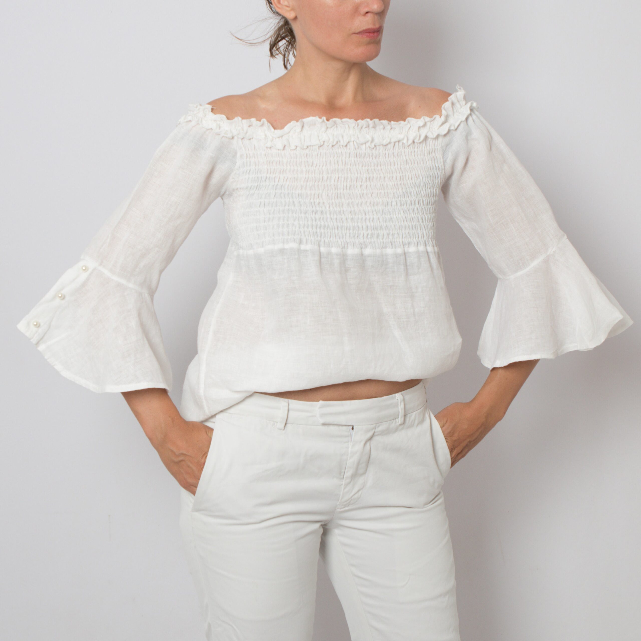 White Linen Bell Sleeve Blouse White Linen Bell Sleeve Blouse - Image 8