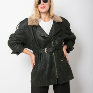 Vintage Oversized Green Leather Jacket with Belt