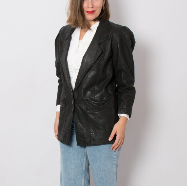 80s Printed Black Leather Blazer - Image 4