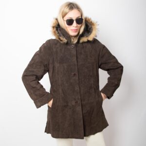 Vintage Fur Trim Hooded Leather Jacket
