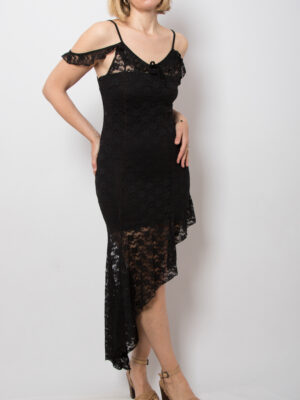 Vintage Black Lace Dress Asymetrical Hem