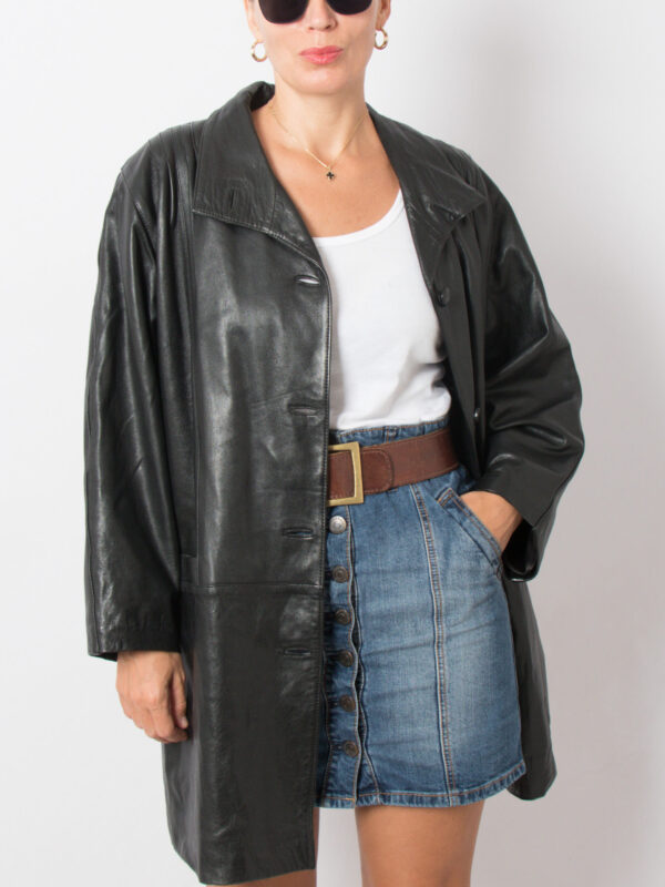 90s Black Minimalist Leather Jacket Women - Image 2