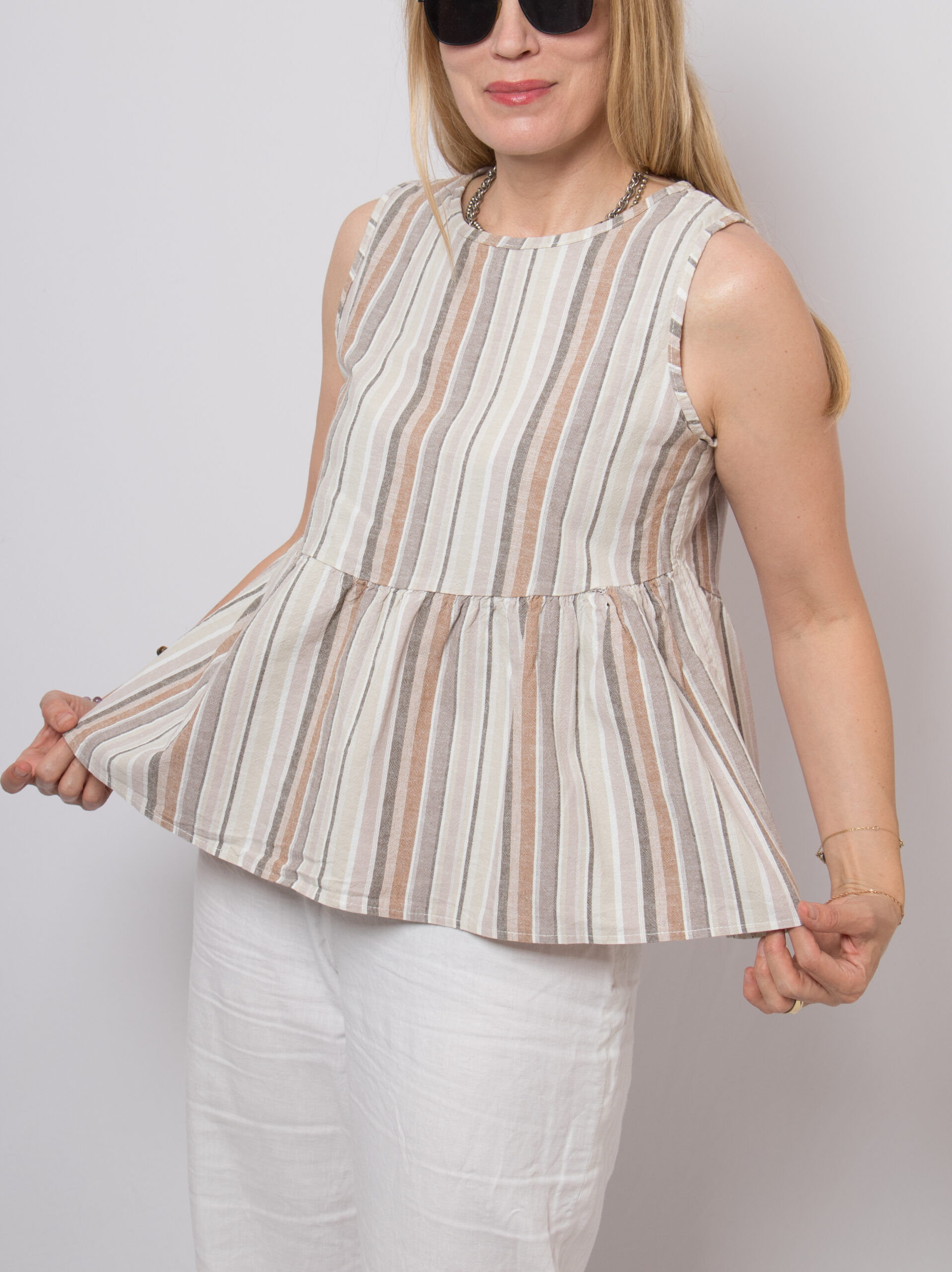 Striped Cotton Linen Peplum Blouse Striped Cotton Linen Peplum Blouse - Image 2