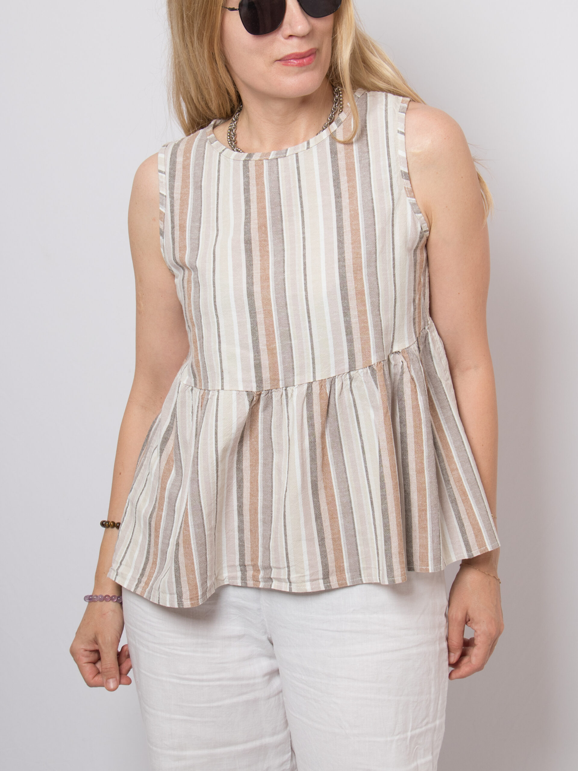 Striped Cotton Linen Peplum Blouse Striped Cotton Linen Peplum Blouse