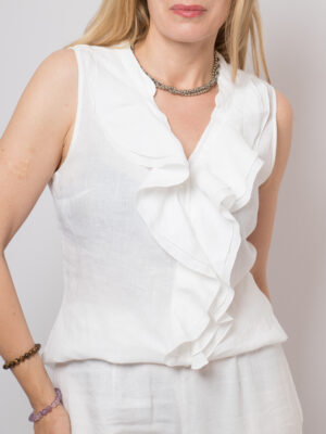Massimo Dutti White Ruffled Linen Blouse
