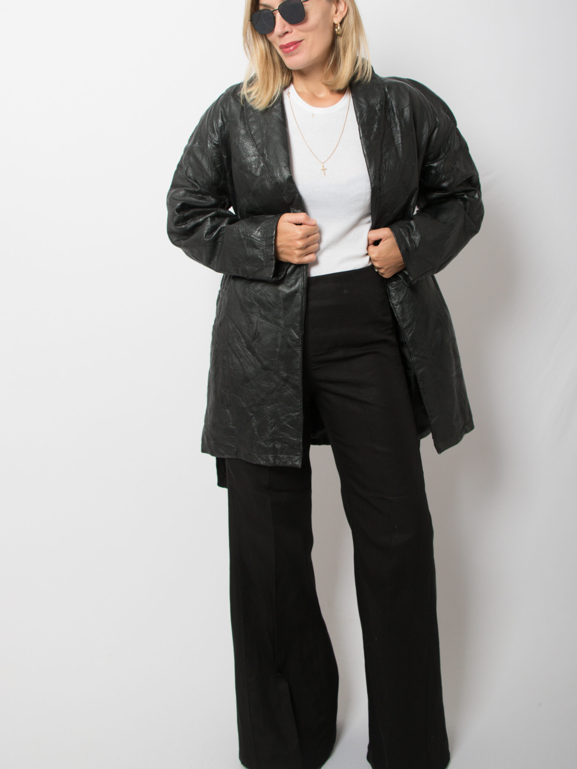 Vintage Black Patchwork Leather Jacket Vintage Black Wrap Leather Coat Women