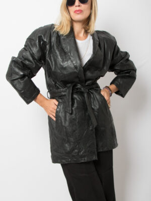 Vintage Black Wrap Leather Coat Women