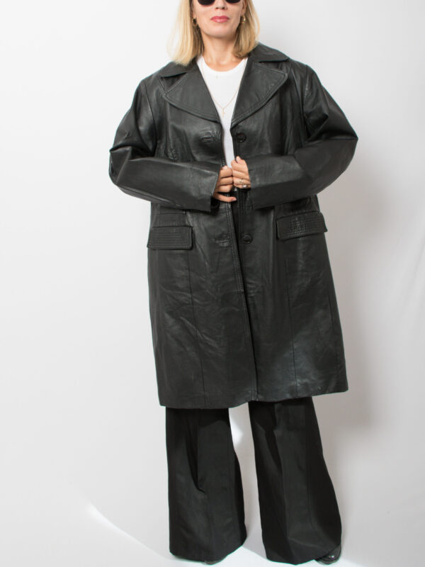 90s Long Black Leather Coat Women - Image 2