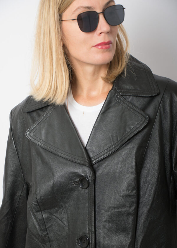 90s Long Black Leather Coat Women - Image 3