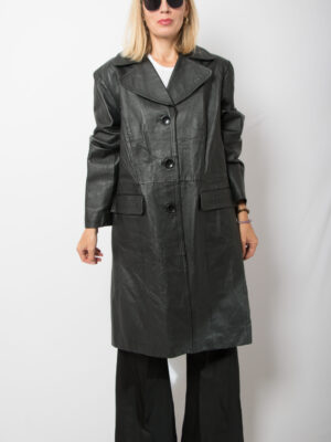90s Long Black Leather Coat Women