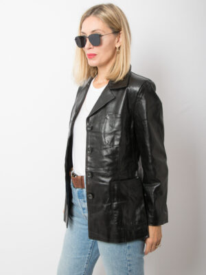 Vintage Black Leather Blazer Jacket Women