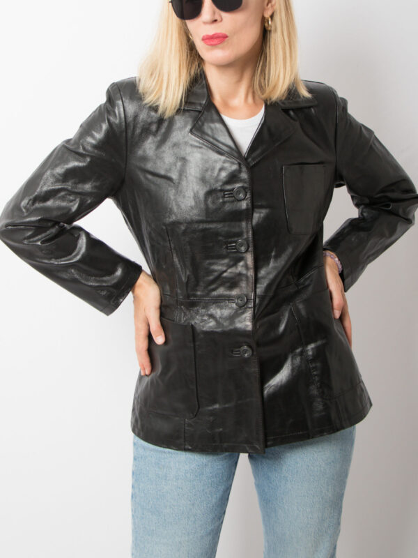 Vintage Black Leather Blazer Jacket Women - Image 3