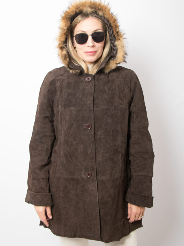Vintage Fur Trim Hooded Suede Jacket - Image 3