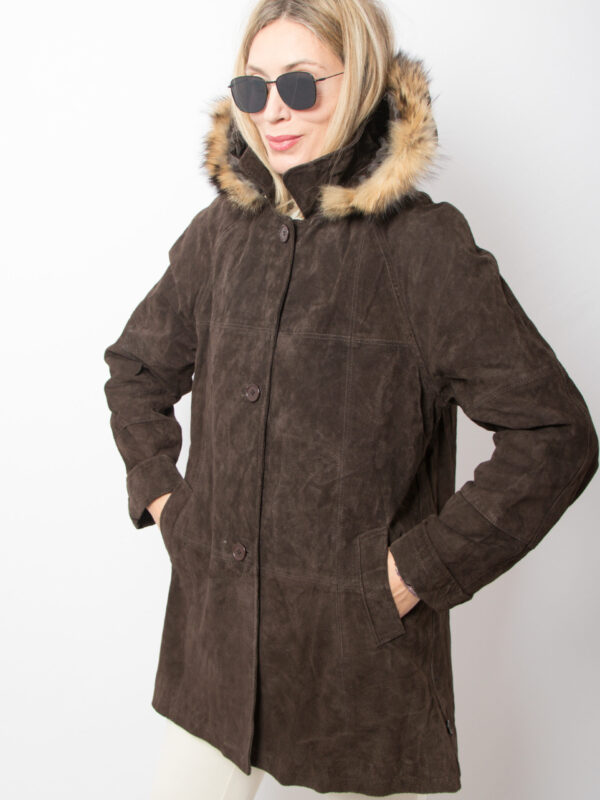 Vintage Fur Trim Hooded Suede Jacket