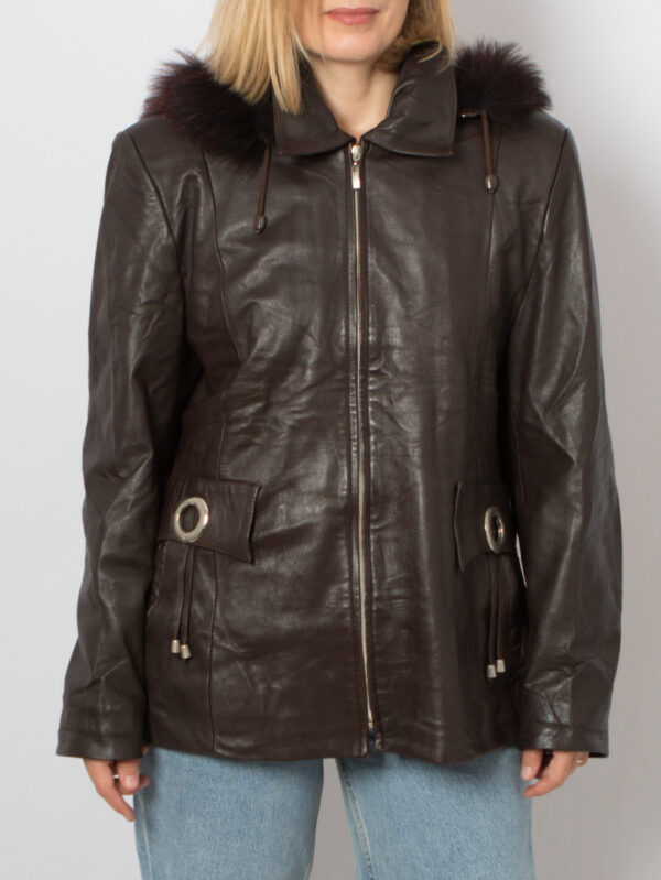 90s Hooded Leather Jacket Women - Image 2