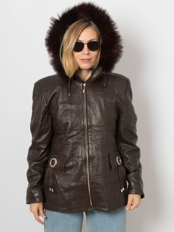 90s Hooded Leather Jacket Women - Image 3
