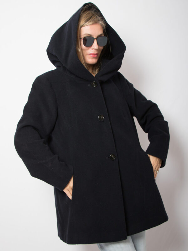 Vintage Blue Hooded Wool Coat - Image 3