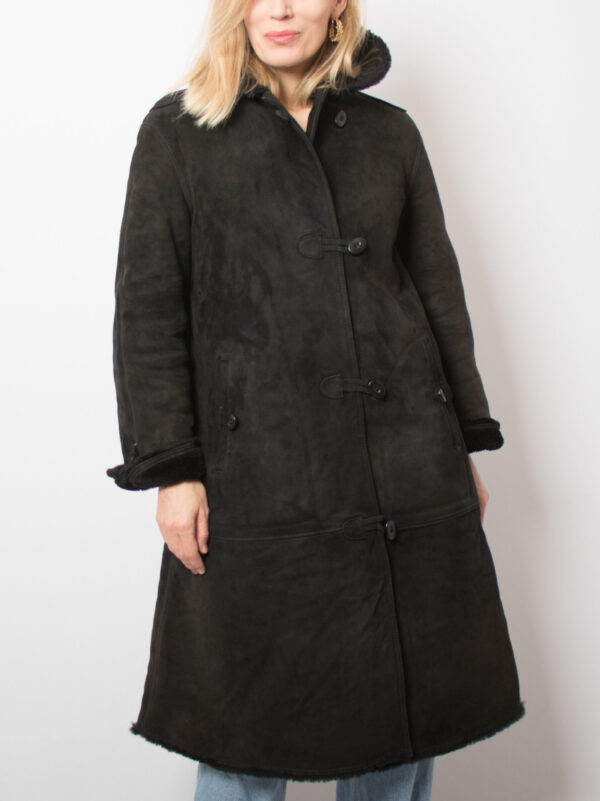 Vintage Suede Black Shearling Coat - Image 2
