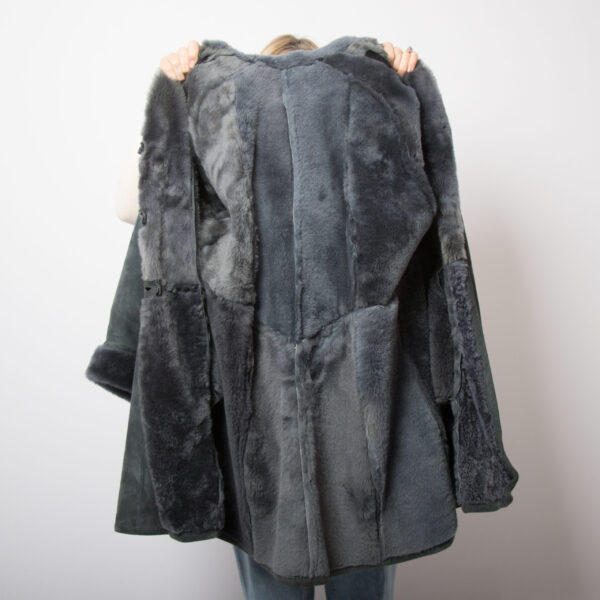 RARE Vintage Dusty Blue Swing Shearling Coat with Hood - Image 8