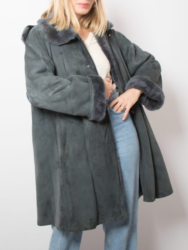 RARE Vintage Dusty Blue Swing Shearling Coat with Hood - Image 2