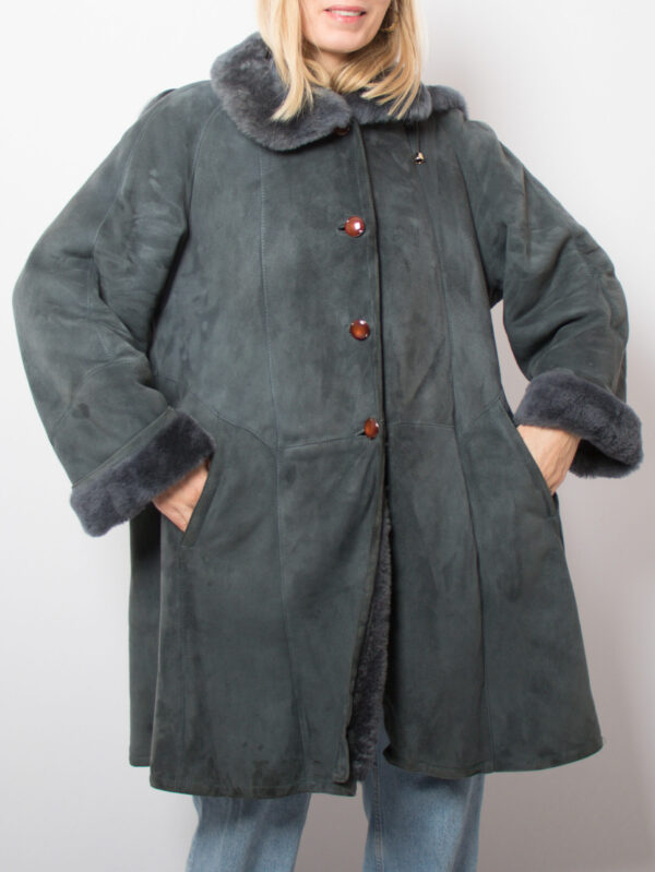 RARE Vintage Dusty Blue Swing Shearling Coat with Hood - Image 3