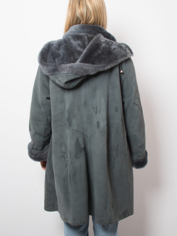 RARE Vintage Dusty Blue Swing Shearling Coat with Hood - Image 4
