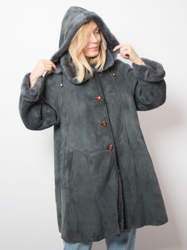 RARE Vintage Dusty Blue Swing Shearling Coat with Hood - Image 5