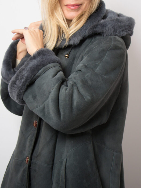 RARE Vintage Dusty Blue Swing Shearling Coat with Hood - Image 6
