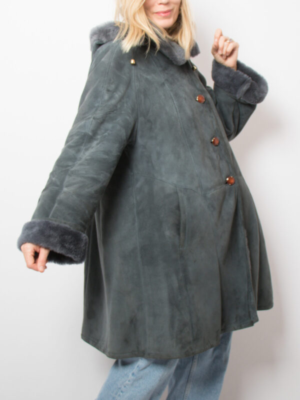 RARE Vintage Dusty Blue Swing Shearling Coat with Hood - Image 7