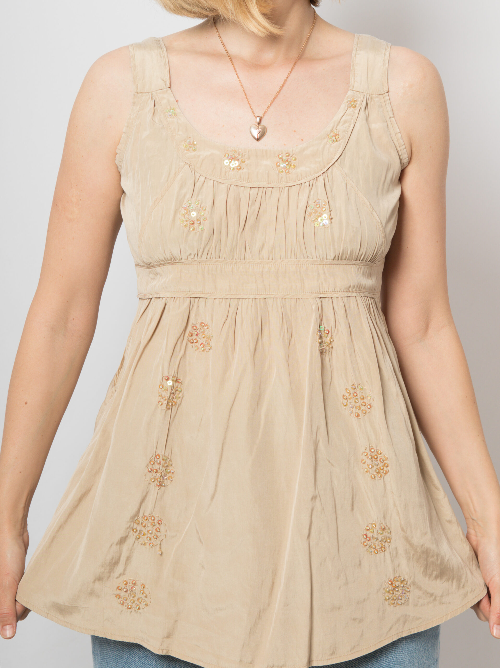 Y2K Empire Waist Top with Sequins Vintage Mini Silk Dress Novelty Print