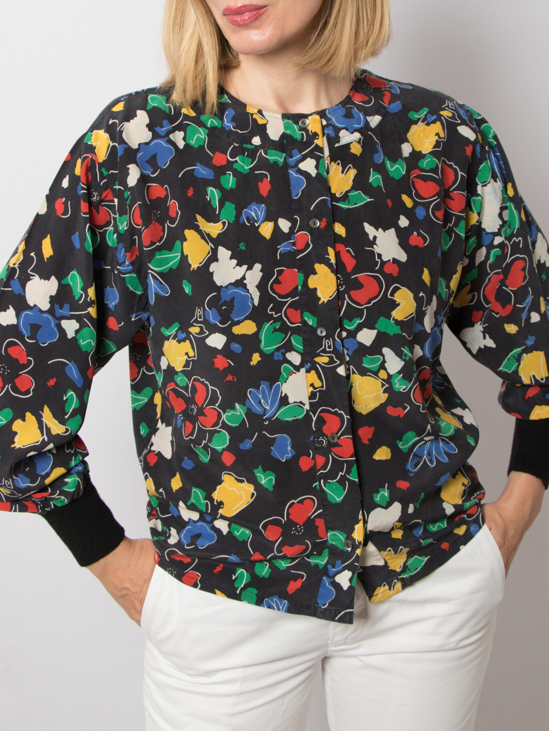 90s Floral Black Silk Blouse 90s Floral Black Silk Blouse - Image 2