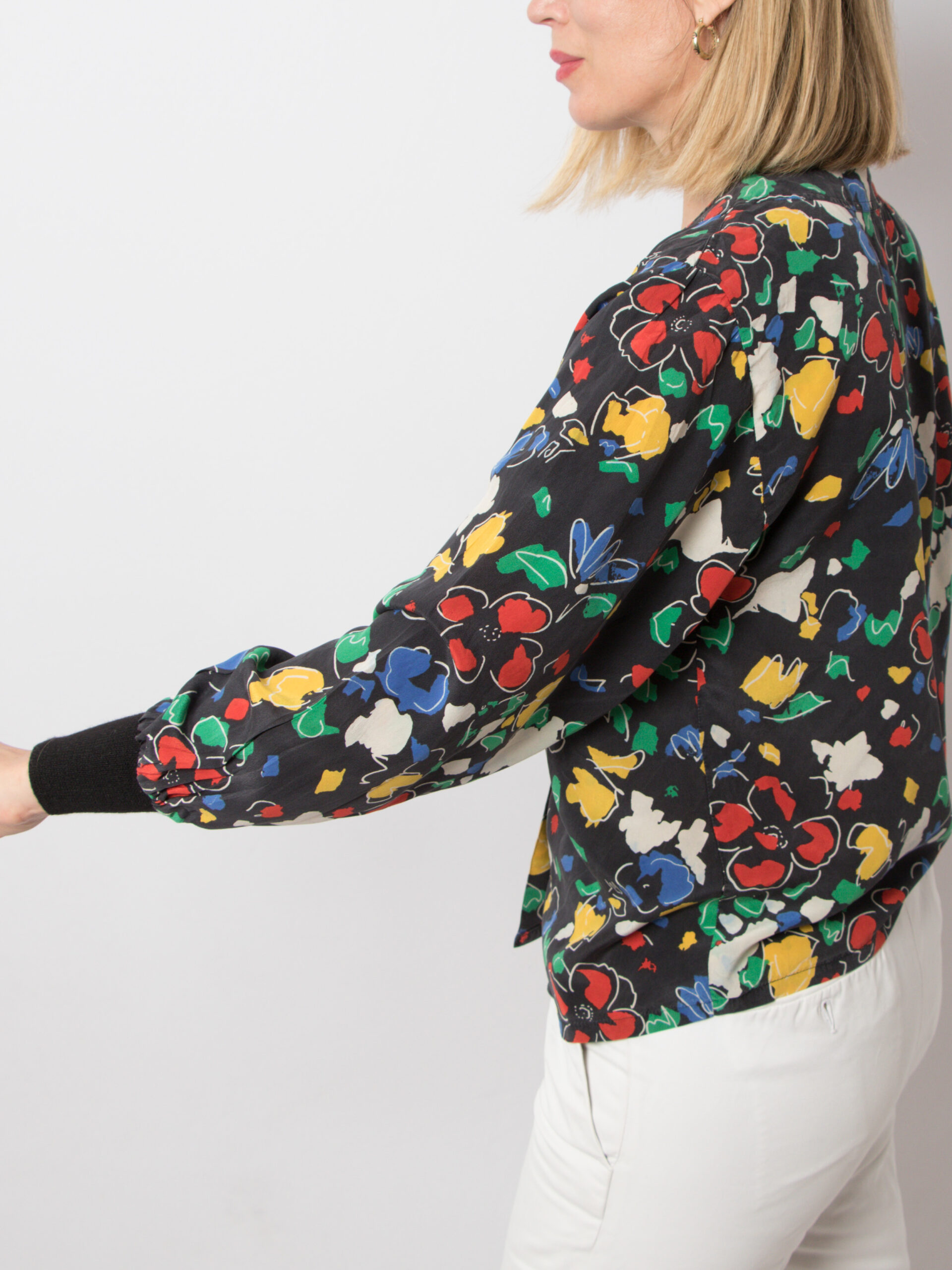 90s Floral Black Silk Blouse 90s Floral Black Silk Blouse - Image 3