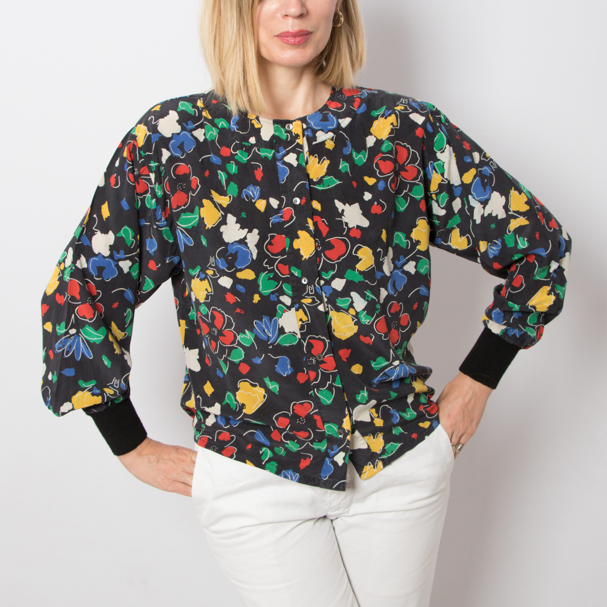 90s Floral Black Silk Blouse 90s Floral Black Silk Blouse - Image 4