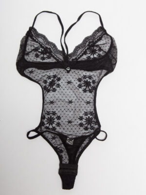Black Floral Sheer Thong Bodysuit