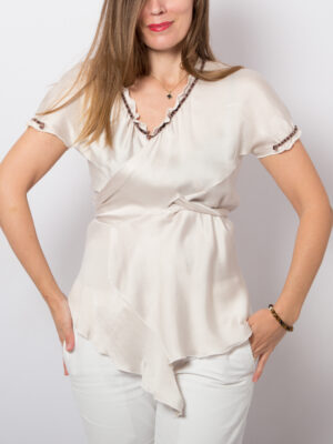 Ivory Satin Silk Wrap Blouse